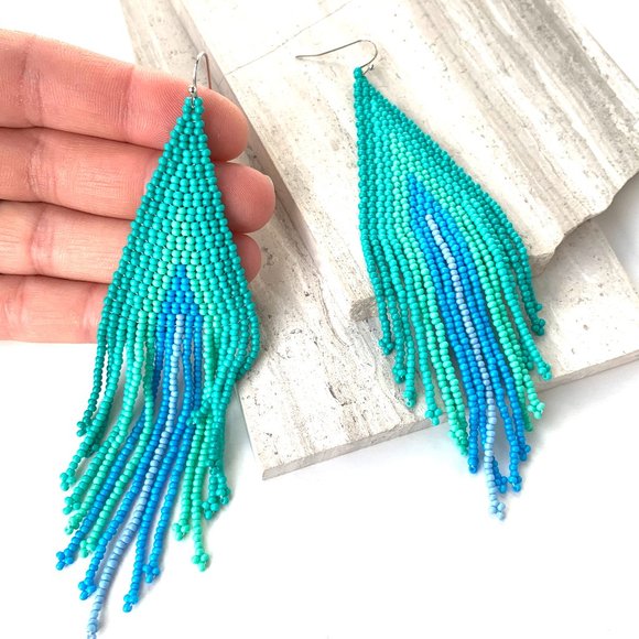 NEW~ Free People Turquoise Ombré Beaded Tassel Earrings - Picture 6 of 6